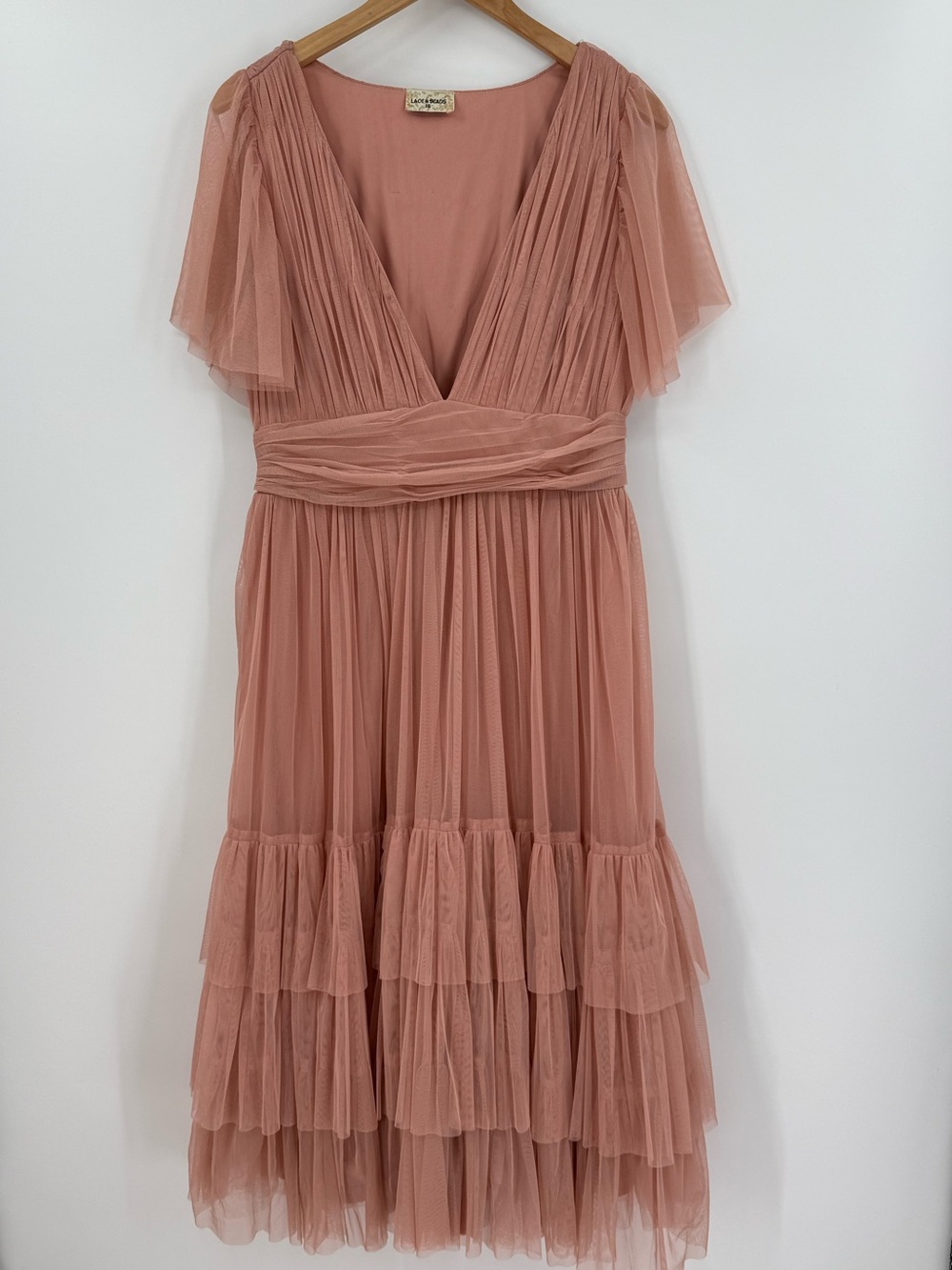 Lace & Beads Madison V Neck Tulle Flutter Sleeve Tiered Midi Dress | Blush | 16 - Picture 3 of 9